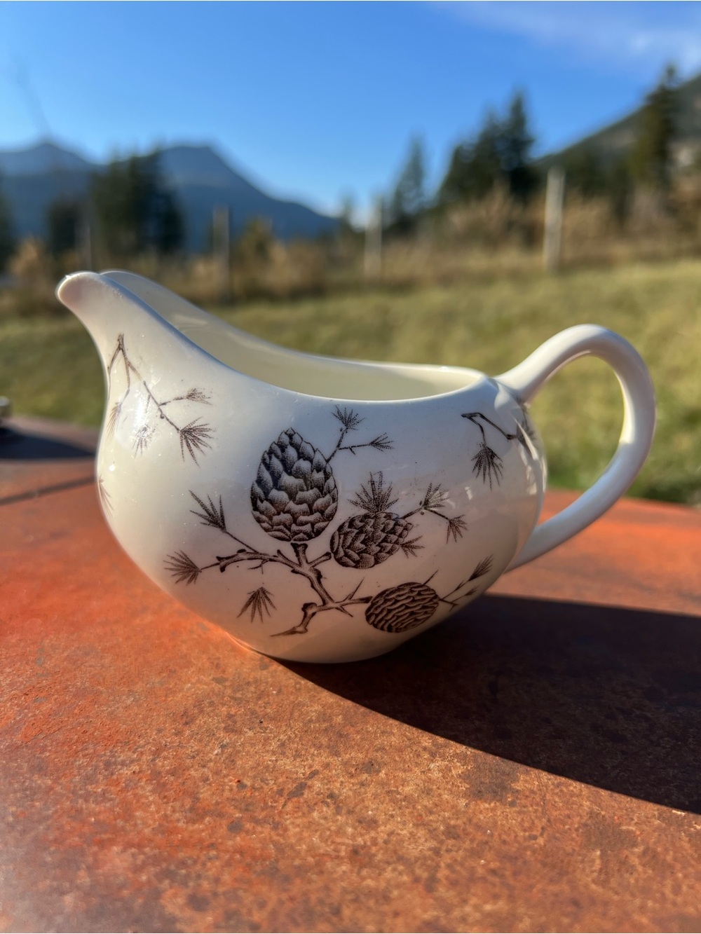North Woods Wood & Sons Pine Cone Gravy Boat Vintage English China Serving Piece
